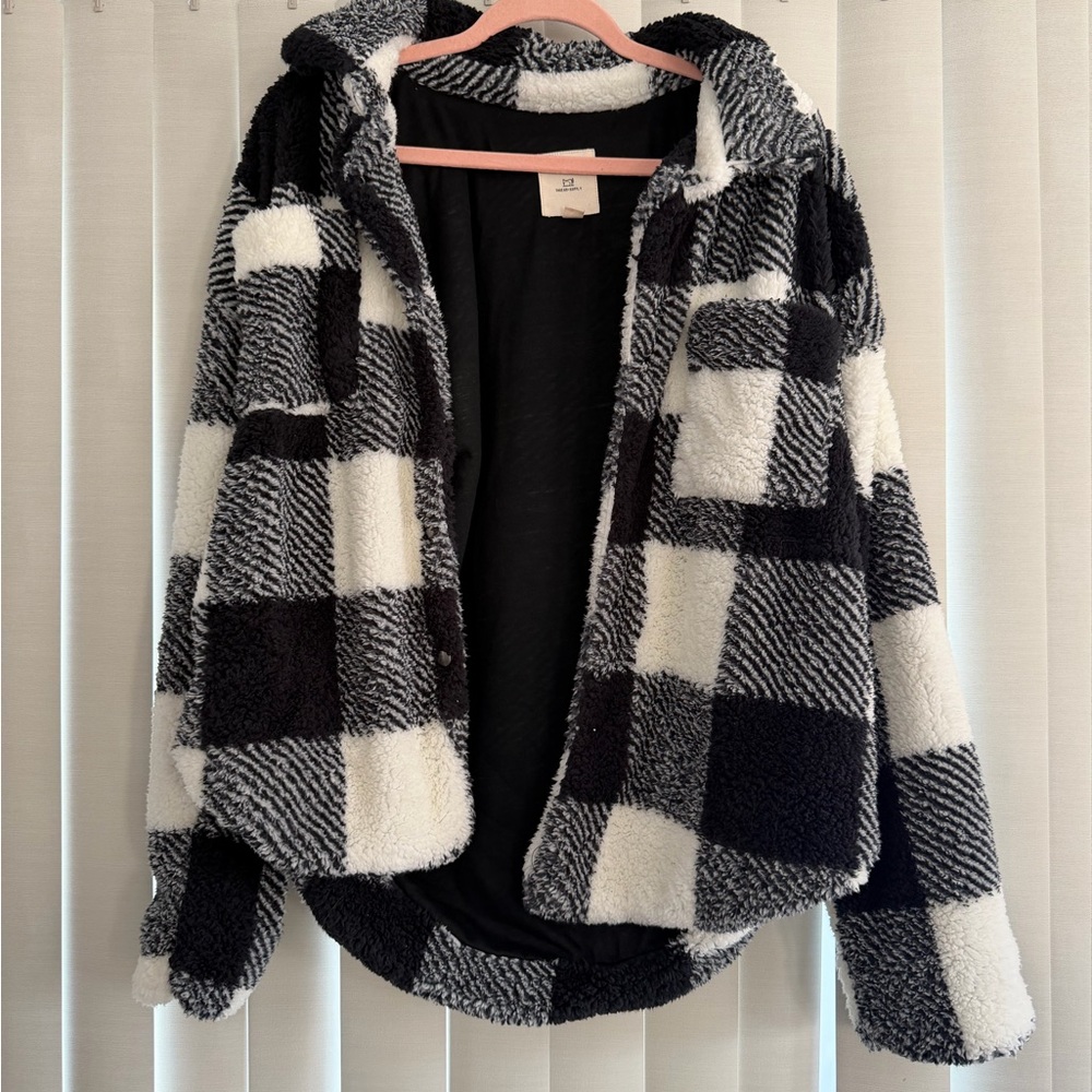 Black and White Plaid Sherpa Jacket